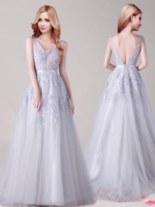 Exquisite V Neck Tulle Silver Prom Dress with Appliques and Belt