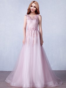See Through Scoop Brush Train Prom Dress With Appliques