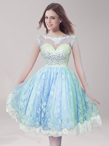 Cheap Scoop Light Blue Prom Dress with Beading and Lace