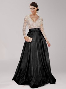Luxurious Deep V Neckline Long Sleeves Black Prom Dress with Beading and Belt