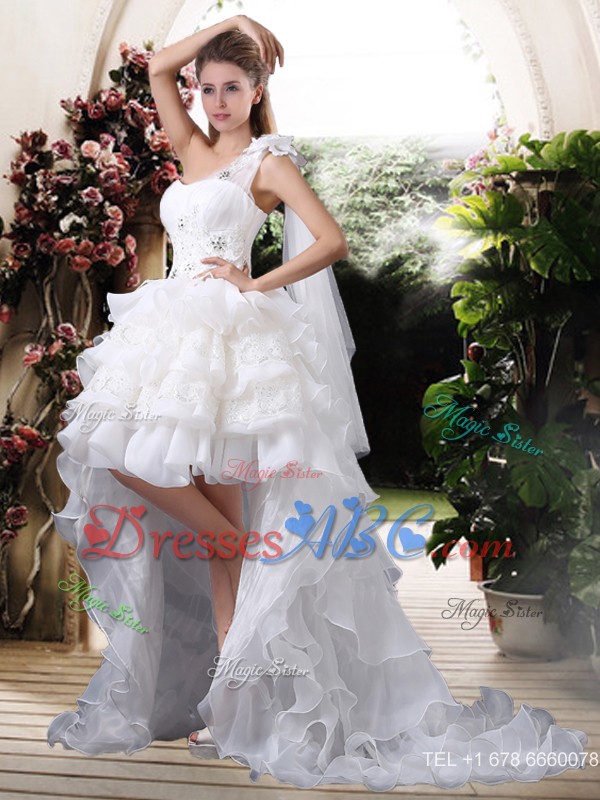 Inexpensive One Shoulder High Low Wedding Dress With Ruffled Layers