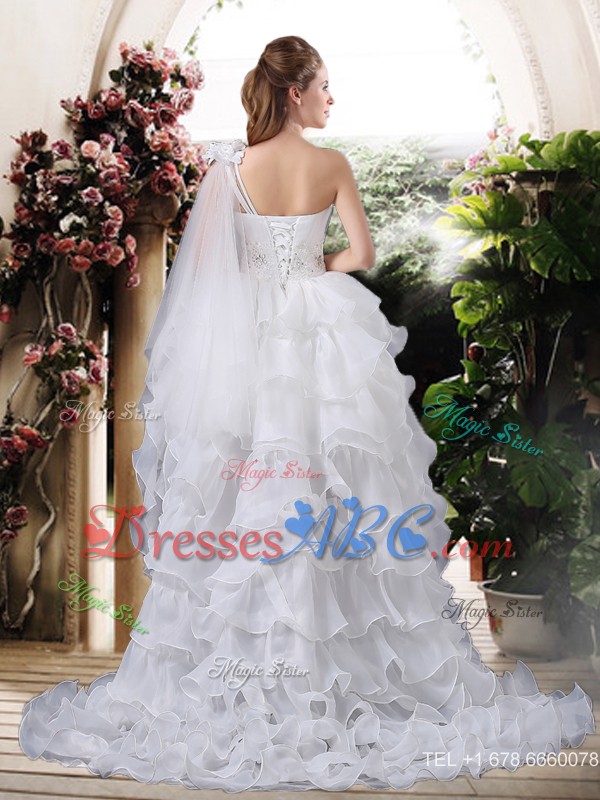 Inexpensive One Shoulder High Low Wedding Dress With Ruffled Layers