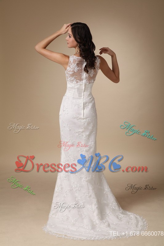 Pretty Column V-neck Brush Train Taffeta and Lace Wedding Dress 