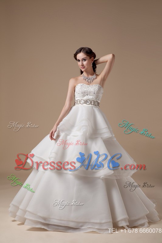 Beautiful Strapless Brush Train Taffeta And Organza Appliques With Beading Wedding Dress