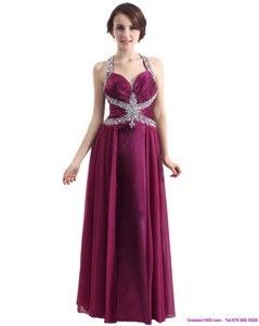 Sequins Halter Top Ruching And Beading Prom Dress In Wine Red