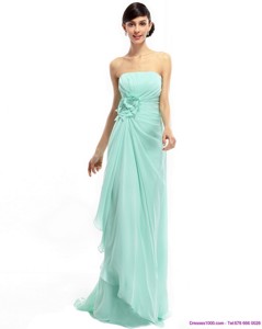 Sweep Train Apple Green Prom Dress With Ruching And Hand Made Flower