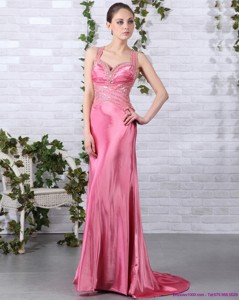 Rose Pink Beading Long Prom Dress With Brush Train