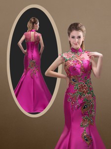 New Style Mermaid Brush Train Prom Dress With Appliques And Beading