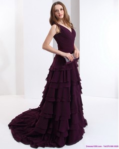 Classical V Neck Prom Dress In Dark Purple