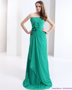 New Style Strapless Prom Dress With Hand Made Flowers And Ruching