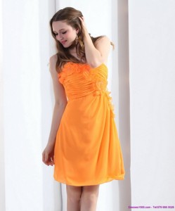 Gorgeous Strapless Orange Prom Dress With Hand Made Flowers And Ruching