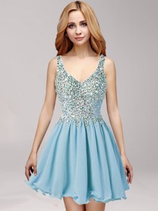 Simple Straps Ruffled and Beaded Chiffon Prom Dress in Baby Blue