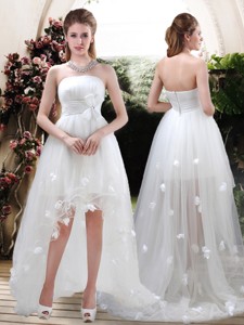 Modern Strapless Appliques And Belt Zipper Up Wedding Dress With High Low