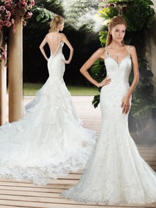 Elegant Straps Beaded And Lace Wedding Dress With Court Train