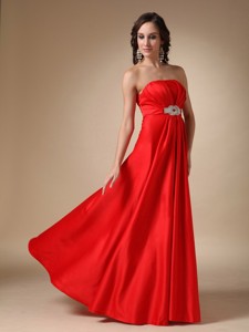 Wine Red Strapless Floor-length Satin Beading Prom Dress
