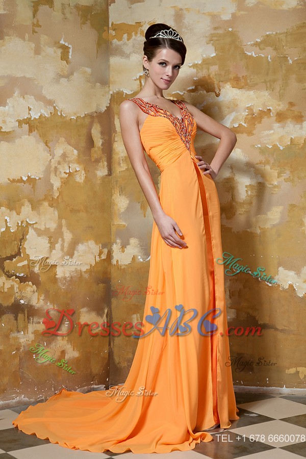Orange Column V-neck Brush Train Chiffon Beading Prom Dress
