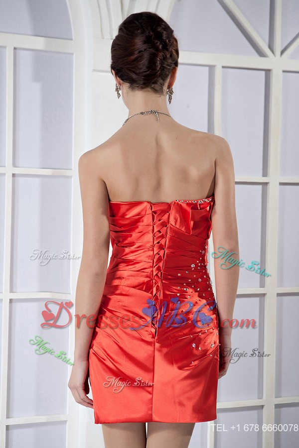Orange Red Column Sweetheart Mini-length Taffeta Beading Prom Dress