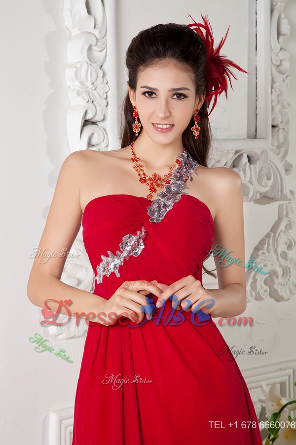 Customize Red Empire One Shoulder Prom / Evening Dress Chiffon Appliques Brush Train