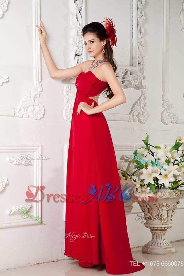 Customize Red Empire One Shoulder Prom / Evening Dress Chiffon Appliques Brush Train