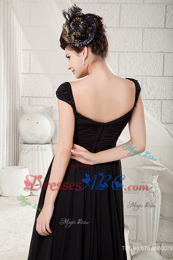 Discount Black Empire Little Black Dress V-neck Chiffon Beading Floor-length