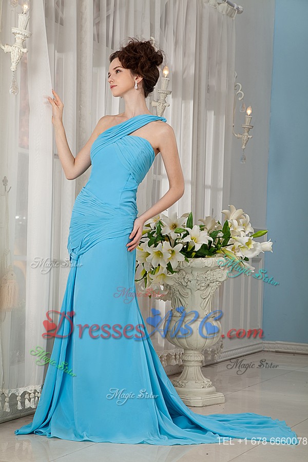 Custom Made Aqua Blue Empire One Shoulder Prom / Evening Dress Chiffon Ruch Brush Train