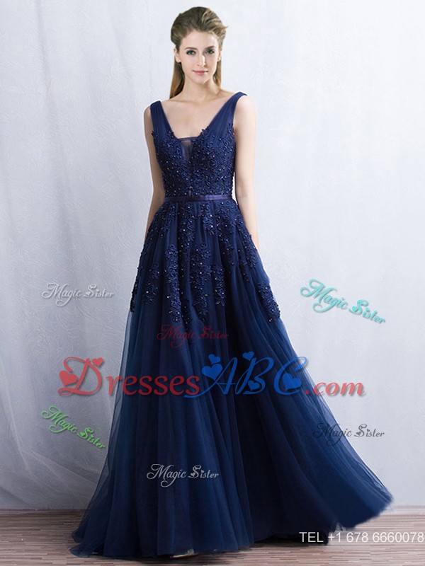 Best Selling V Neck Brush Train Prom Dress with Appliques and Belt