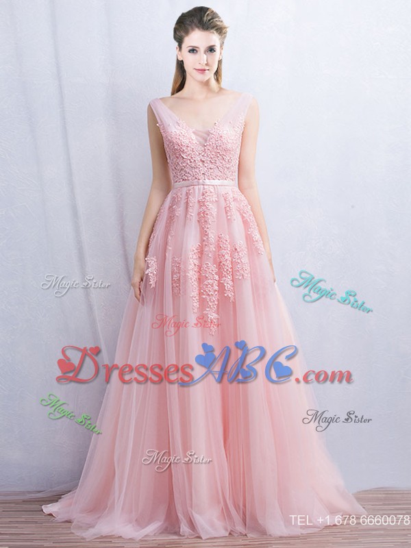 Best Selling V Neck Brush Train Prom Dress with Appliques and Belt