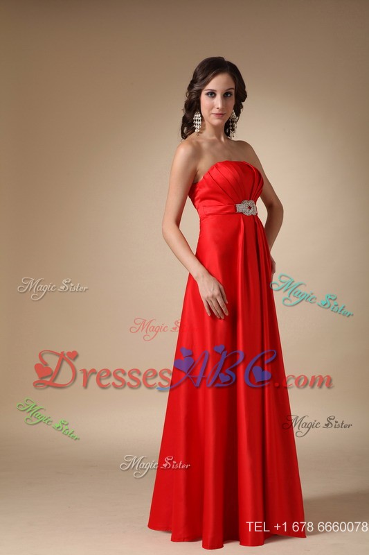 Wine Red Strapless Floor-length Satin Beading Prom Dress
