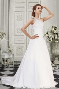 Simple A Line One Shoulder Court Train Wedding Dress with Beading 
