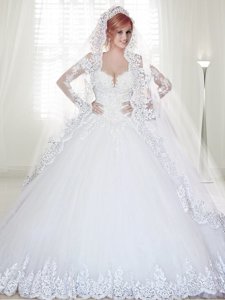 Cheap Long Sleeves Applique and Beaded Wedding Dress with Chapel Train 