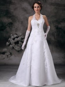 Discount Halter Court Train Lace Beading Wedding Dress