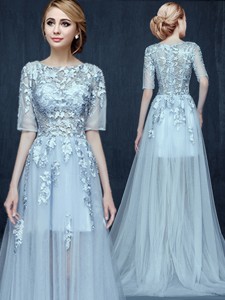 Unique Scoop Half Sleeves Applique Prom Dress with Brush Train