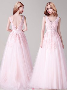Beautiful V Neck Applique and Belted Prom Dress in Baby Pink