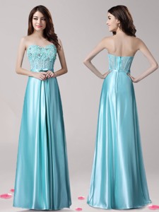 Best Aqua Blue Satin Prom Dress with Beading and Bowknot