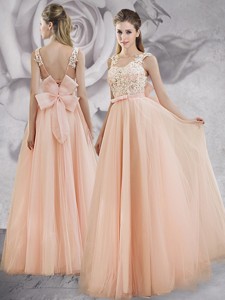Pretty Applique Decorated Bodice A Line Long Prom Dress in Baby Pink
