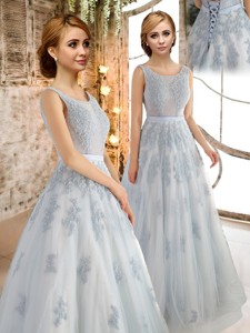 Luxurious See Through Scoop Applique Prom Dress in Light Blue