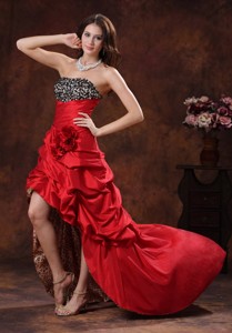 Red Leopard High-low Prom Dress Clearances With Beaded and Flowers Decorate Bust In Albertville Alab