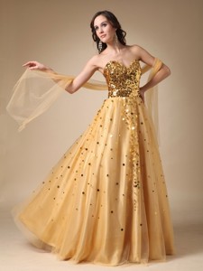 Gold Sweetheart Sequins And Tulle Evening Dress