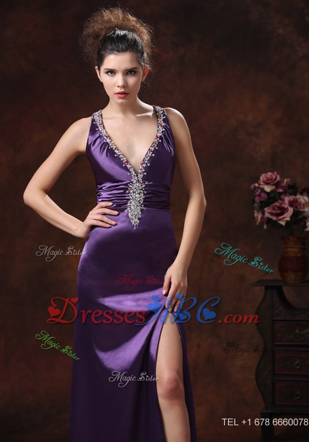 High Slit V-neck Beaded Decorate Shoulder Purple For Custom Made Evening Dress