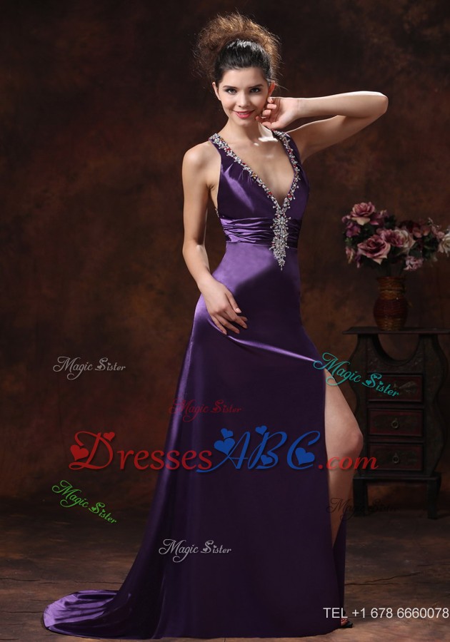 High Slit V-neck Beaded Decorate Shoulder Purple For Custom Made Evening Dress