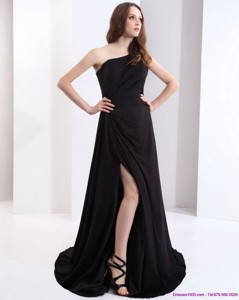 Exclusive One Shoulder Black Prom Dress With Ruching And High Slit