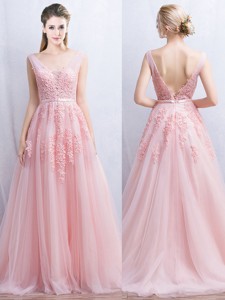 Lovely V Neck Applique and Belted Tulle Prom Dress in Baby Pink