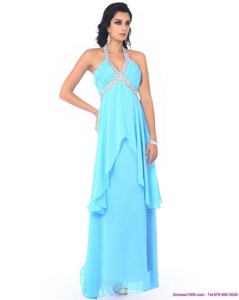Perfect Halter Top Long Dama Dress With Beading And Ruffles