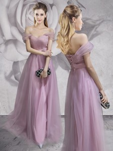 Exclusive Off the Shoulder Lavender Prom Dress with Belt and Ruching