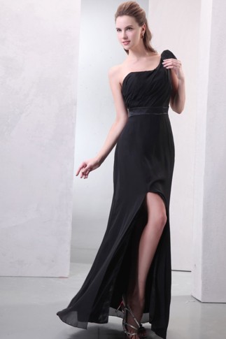 One Shoulder Black Ruche and Silt Chiffon Prom Dress in Full Length