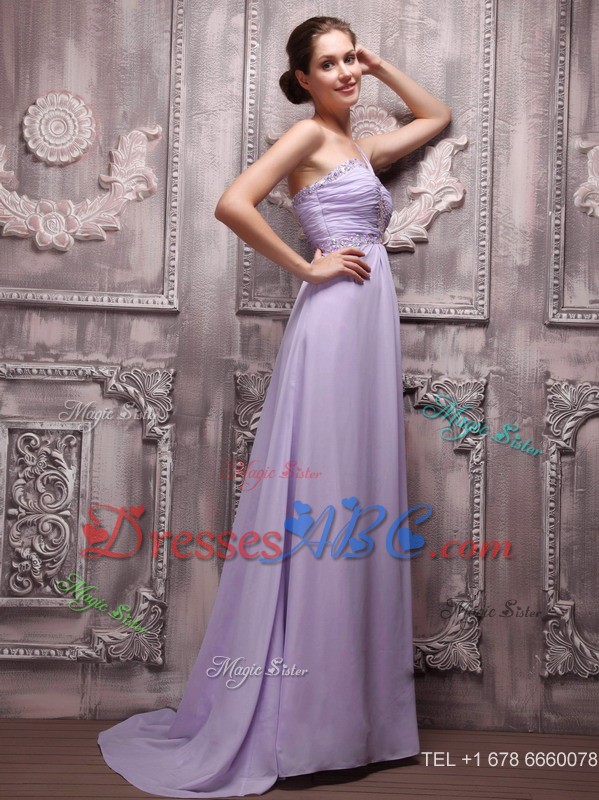 Lilac Empire One Shoulder Brush Train Chiffon Beading Prom / Evening Dress