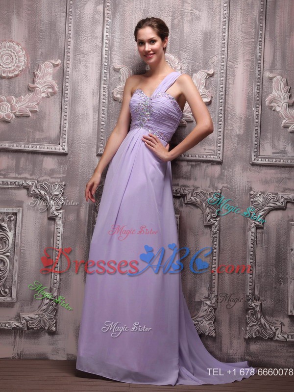Lilac Empire One Shoulder Brush Train Chiffon Beading Prom / Evening Dress