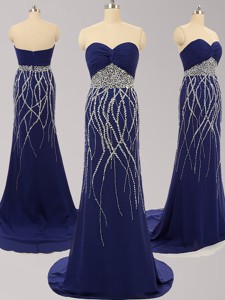 Best Selling Royal Blue Brush Train Chiffon Prom Dress with Beading