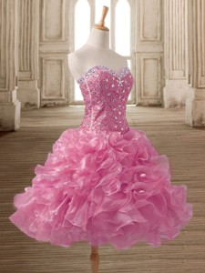 Wonderful Pink Organza Prom Dress with Beading and Ruffles