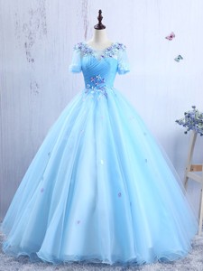 Latest Short Sleeves Scoop Prom Gown with Appliques and Ruching